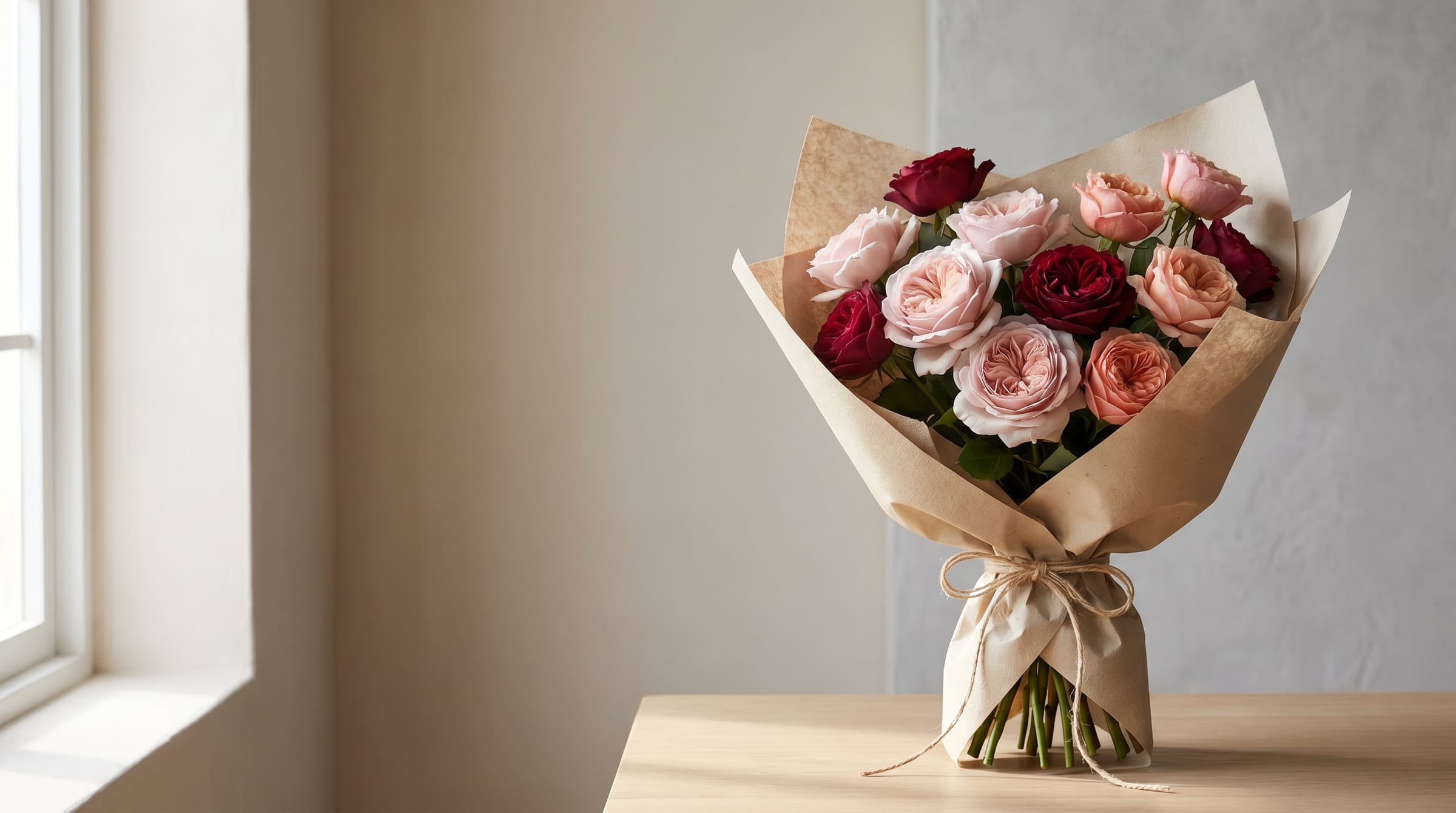 Ramo de rosas en tonos rosados y rojos envuelto para regalo